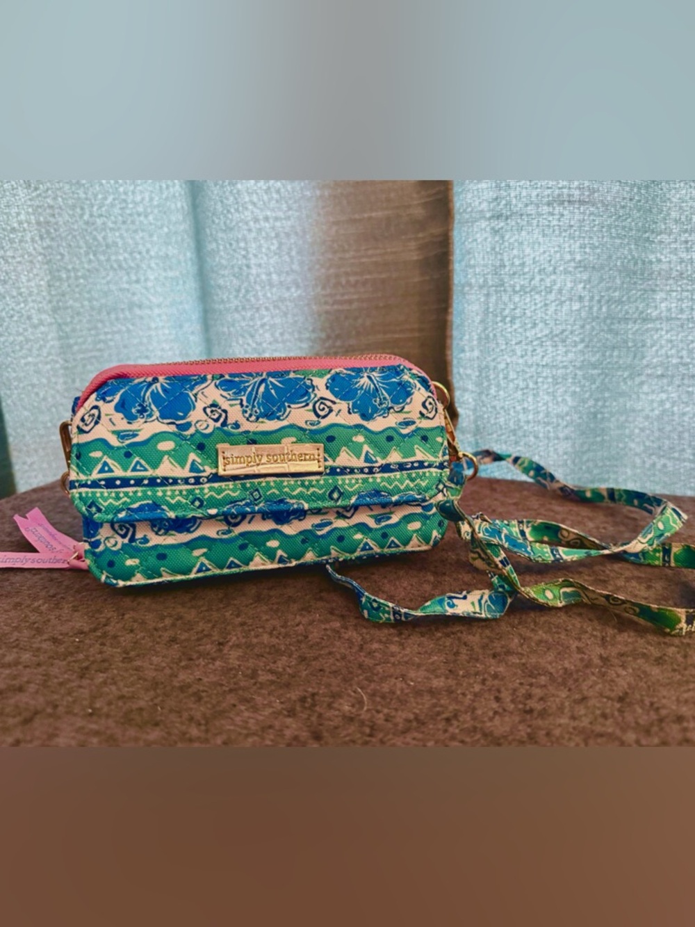 Simply Southern Teal & Blue Patterned Wristlet with Pink Trim